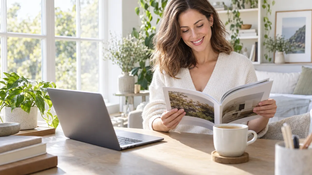 A smiling woman at a light oak desk by a large sunny window, reading a printed booklet, an open laptop, a cup of coffee and a small green plant beside her,…