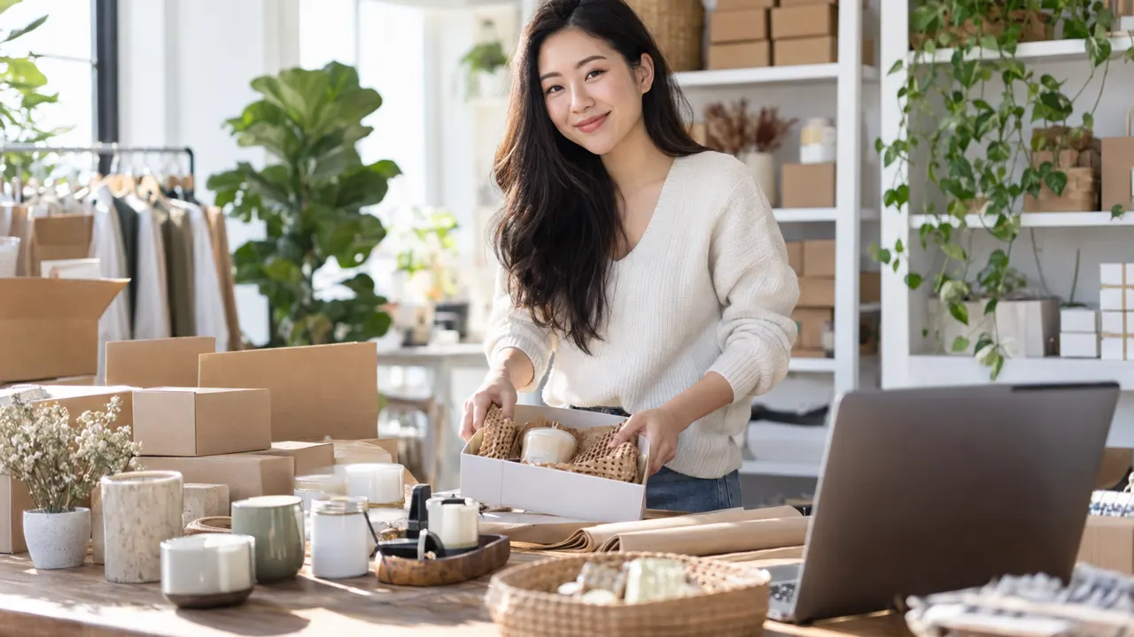 Woman of descent, the Amazon seller, proudly at work in a bright home studio full of neatly packed products, the work itself beautiful and in sharp focus
