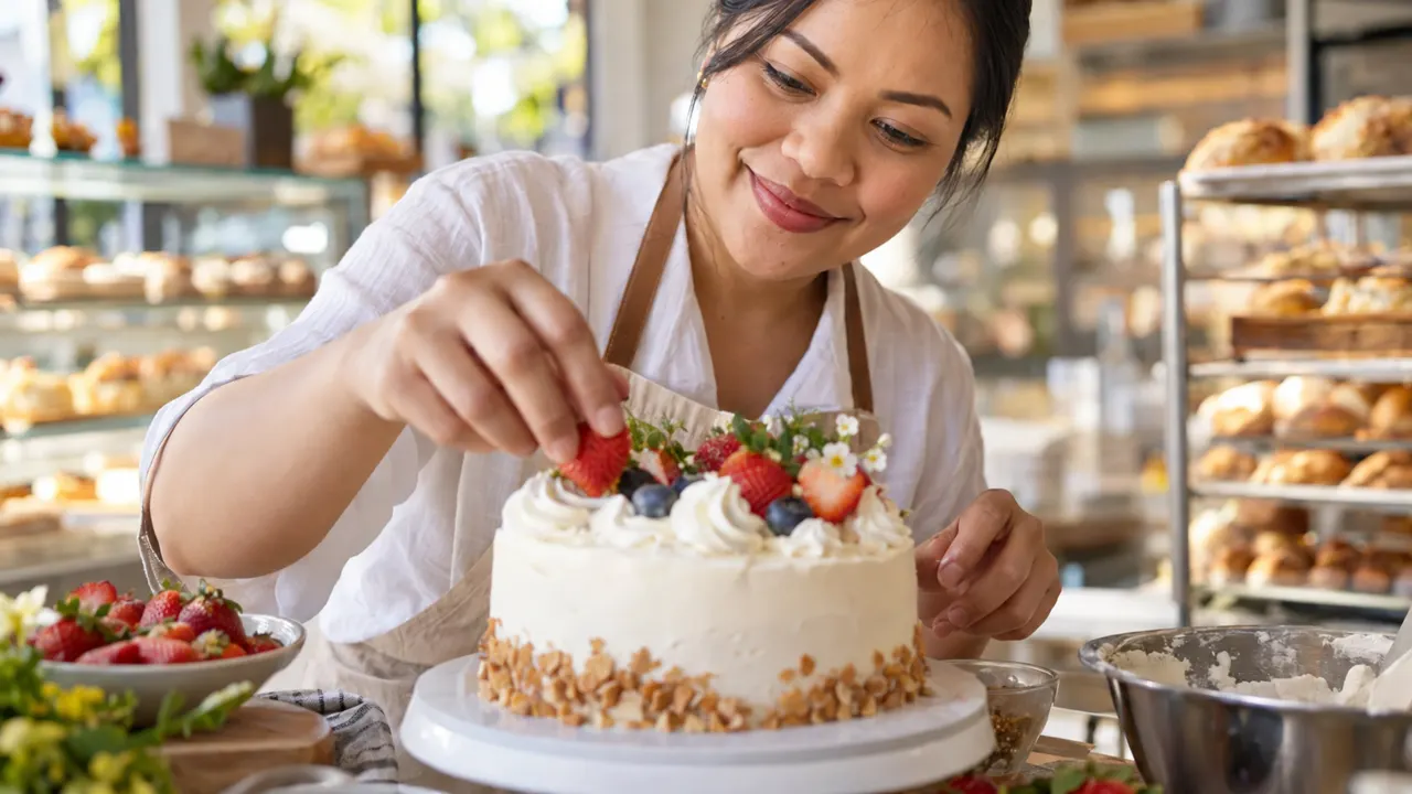 Close view of the hands of a woman, the owner of a bakery, doing the work with care, the finished result beautiful and in sharp focus, their bright bakery…