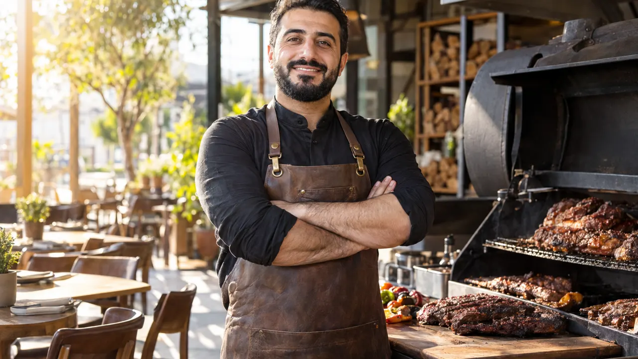 Man, the owner of a BBQ restaurant, standing confidently in their bright BBQ restaurant, relaxed and smiling, golden morning sunlight