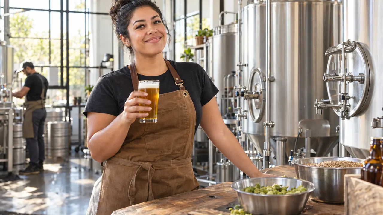 Woman, the owner of a brewery, proudly at work in their bright brewery, the work itself beautiful and in sharp focus