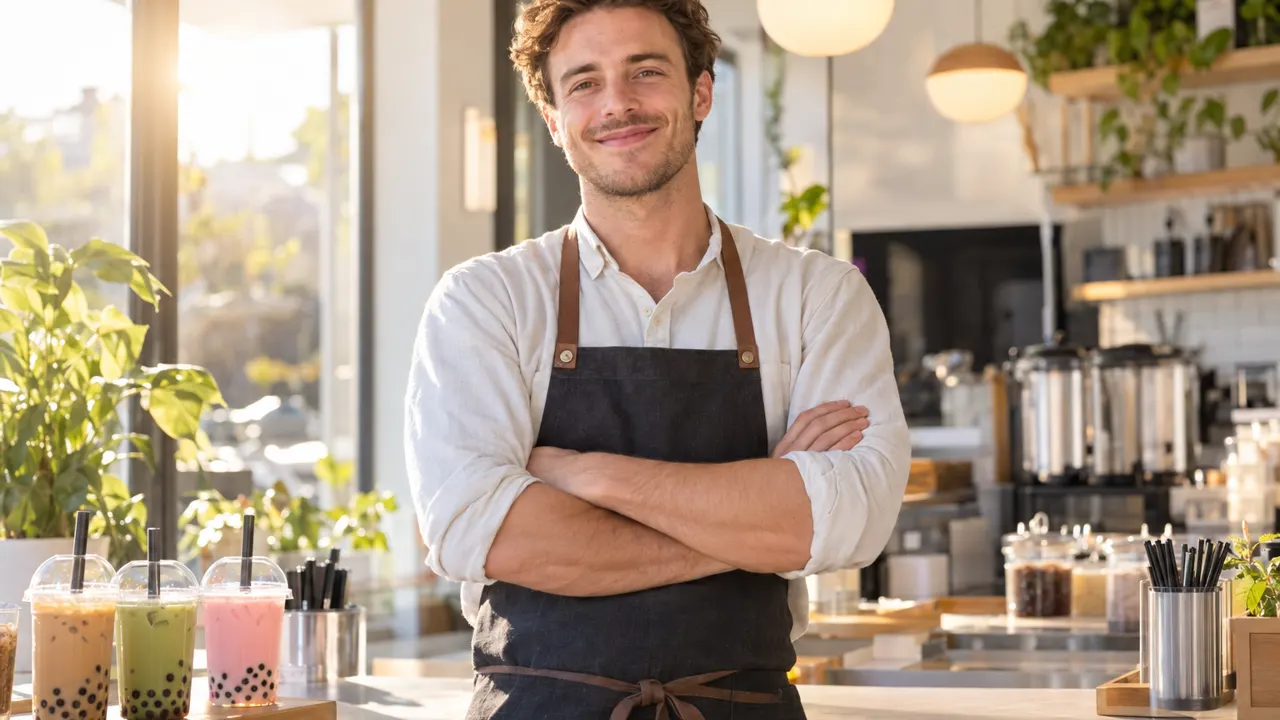 Man, the owner of a bubble tea shop, standing confidently in their bright bubble tea shop, relaxed and smiling, golden morning sunlight