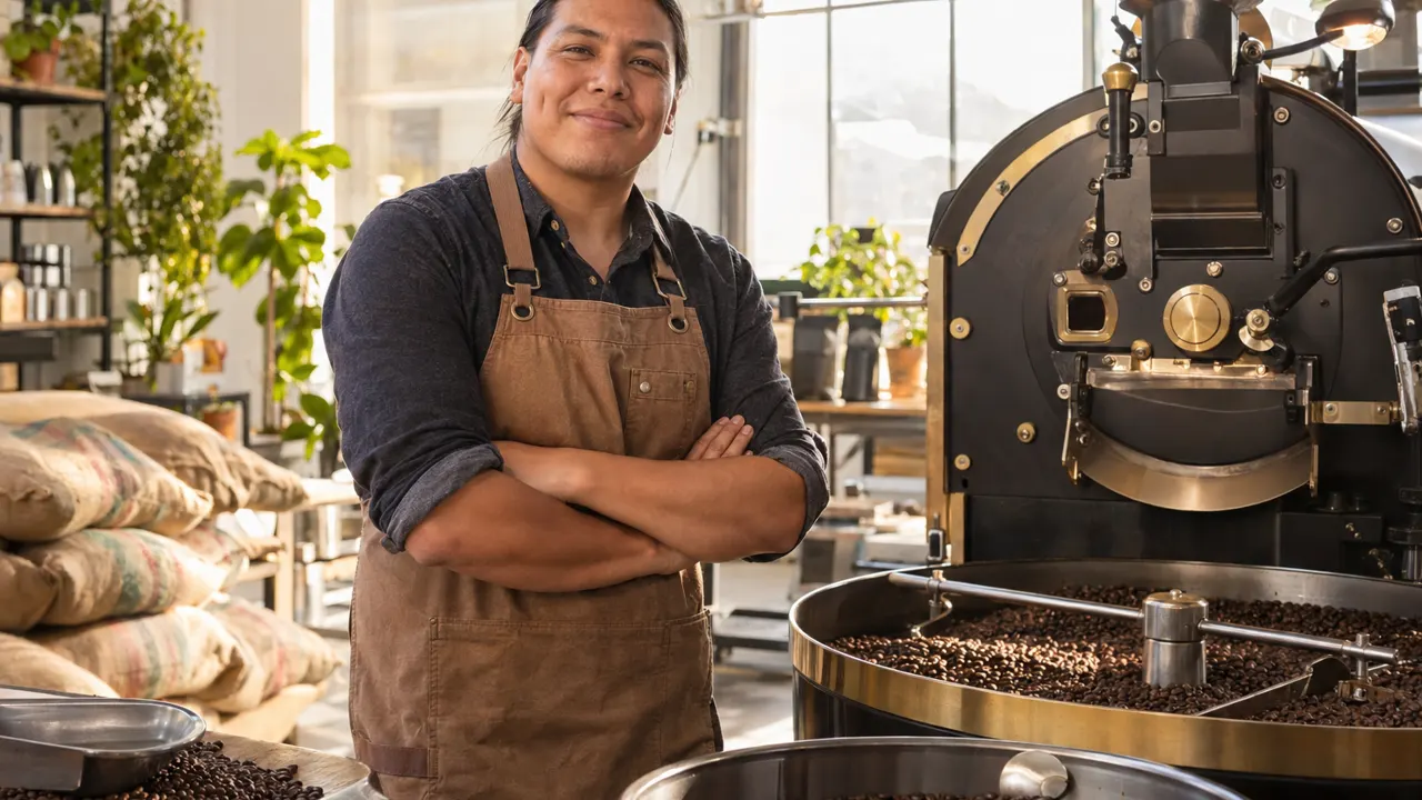 Man, the owner of a coffee roaster, standing confidently in their bright coffee roaster, relaxed and smiling, golden morning sunlight