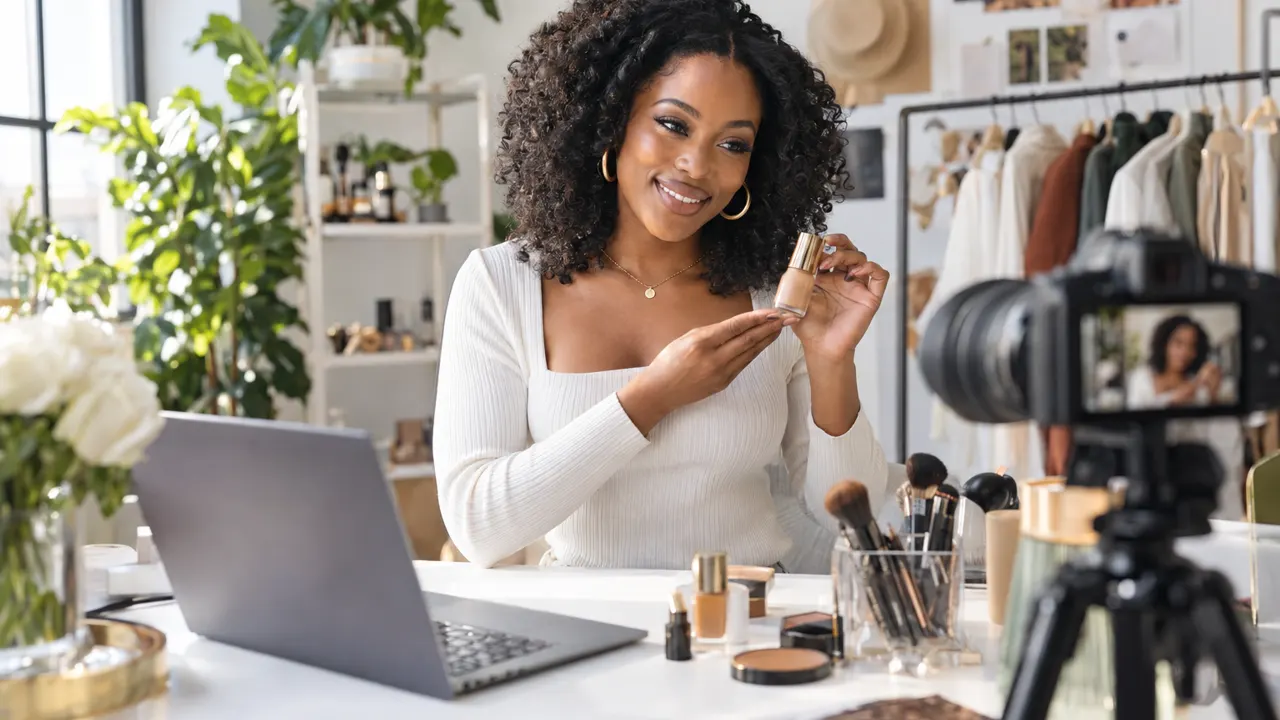 Woman, the content creator, proudly at work in a bright creator studio, the work itself beautiful and in sharp focus