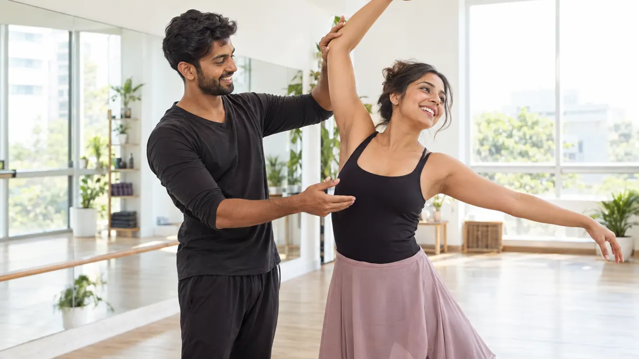 Man, the owner of a dance studio, warmly helping a happy customer in their bright dance studio