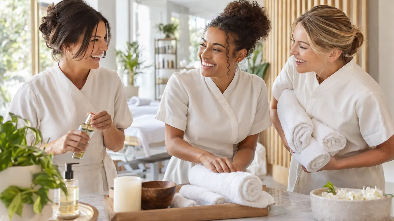 Three friends and thirties who run a day spa together, laughing while they work in their bright day spa