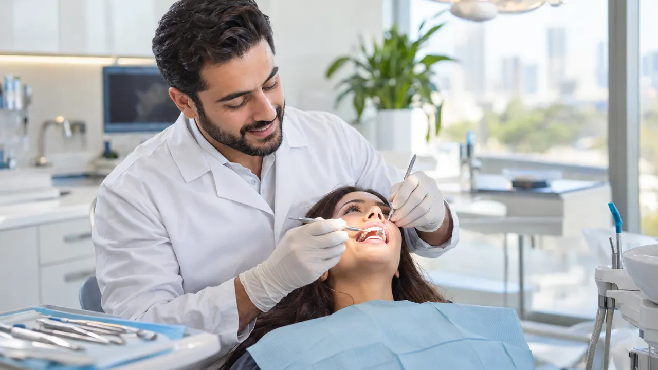 Man, the dentist, proudly at work in a bright modern dental office, the work itself beautiful and in sharp focus