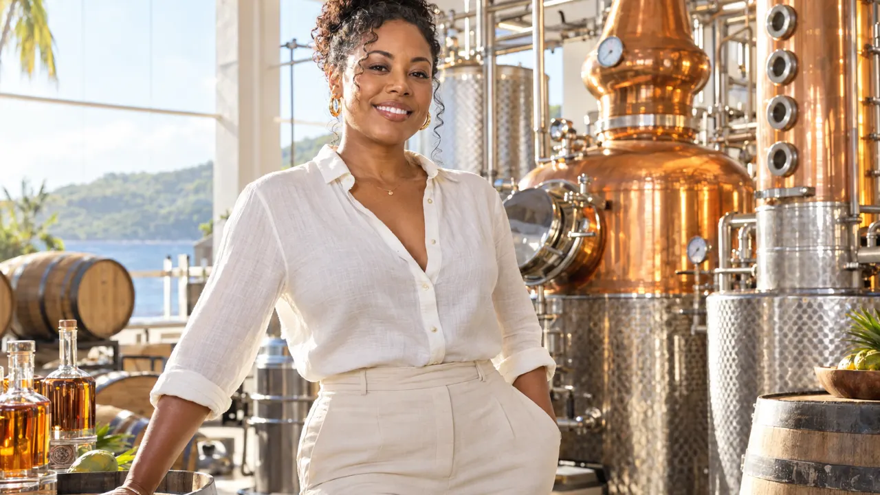 Woman, the owner of a distillery, standing confidently in their bright distillery, relaxed and smiling, golden morning sunlight