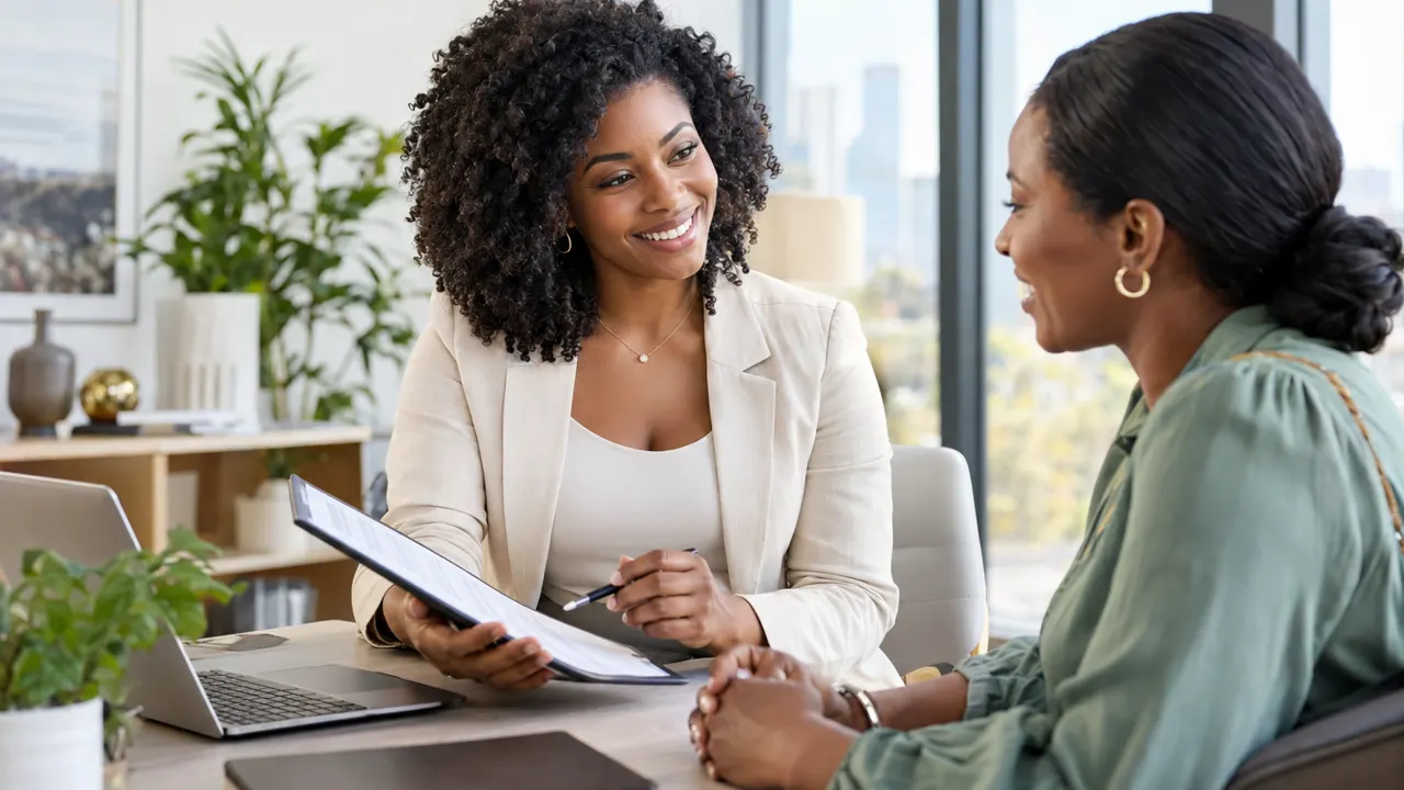 Woman, the financial advisor, warmly helping a happy customer in a bright modern office