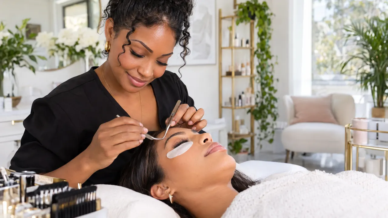 Woman, the owner of a lash and brow studio, proudly at work in their bright lash and brow studio, the work itself beautiful and in sharp focus