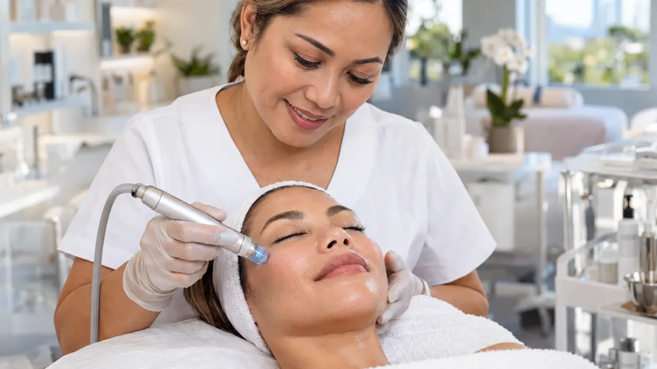 Close view of the hands of a woman, the owner of a med spa, doing the work with care, the finished result beautiful and in sharp focus, their bright med spa…