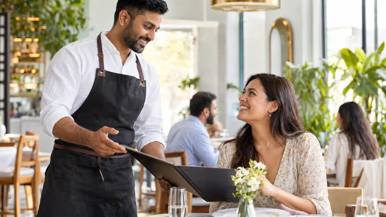 Man, the owner of a restaurant, warmly helping a happy customer in their bright restaurant