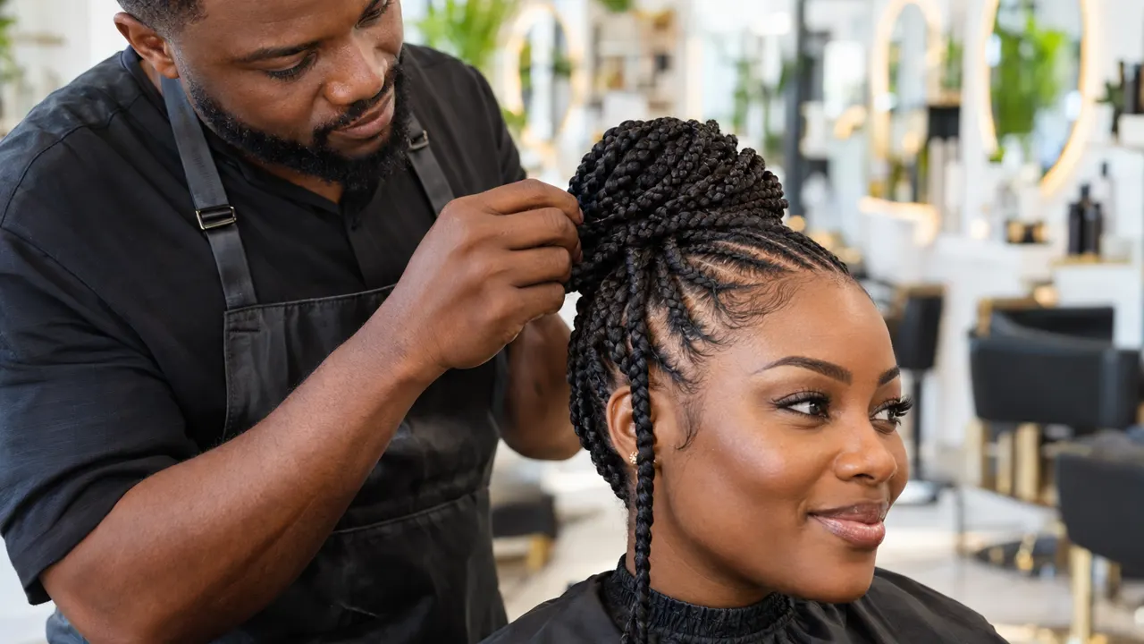 Close view of the hands of a man of West African descent, the owner of a salon, doing the work with care, the finished result beautiful and in sharp focus,…