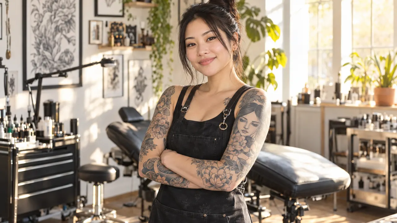 Woman of descent, the owner of a tattoo studio, standing confidently in their bright tattoo studio, relaxed and smiling, golden morning sunlight