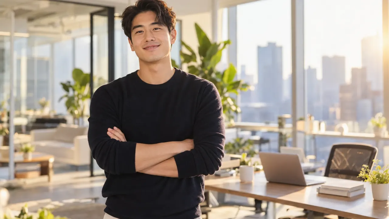 Man, the tech startup founder, standing confidently in a bright modern startup office, relaxed and smiling, golden morning sunlight