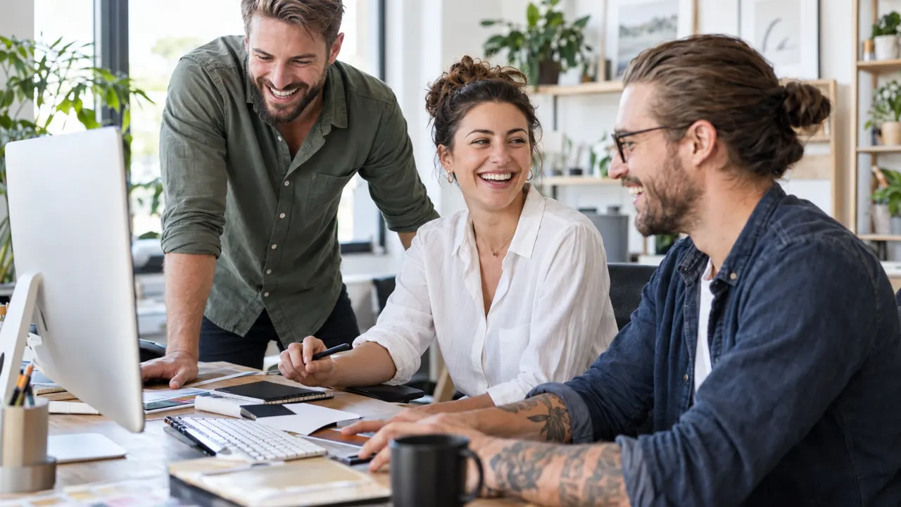 Three friends and thirties who run a web design agency together, laughing while they work in their bright web design agency