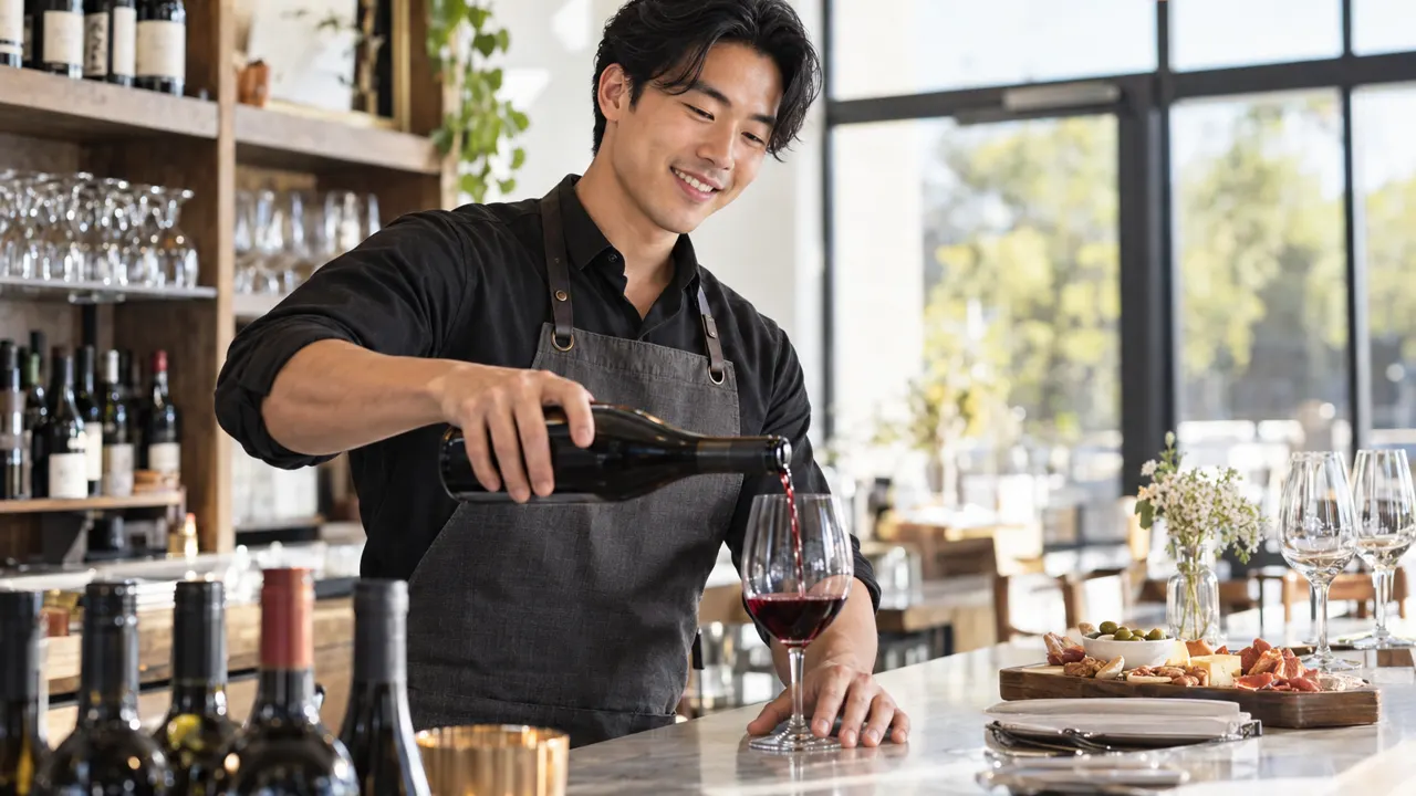 Man, the owner of a wine bar, proudly at work in their bright wine bar, the work itself beautiful and in sharp focus