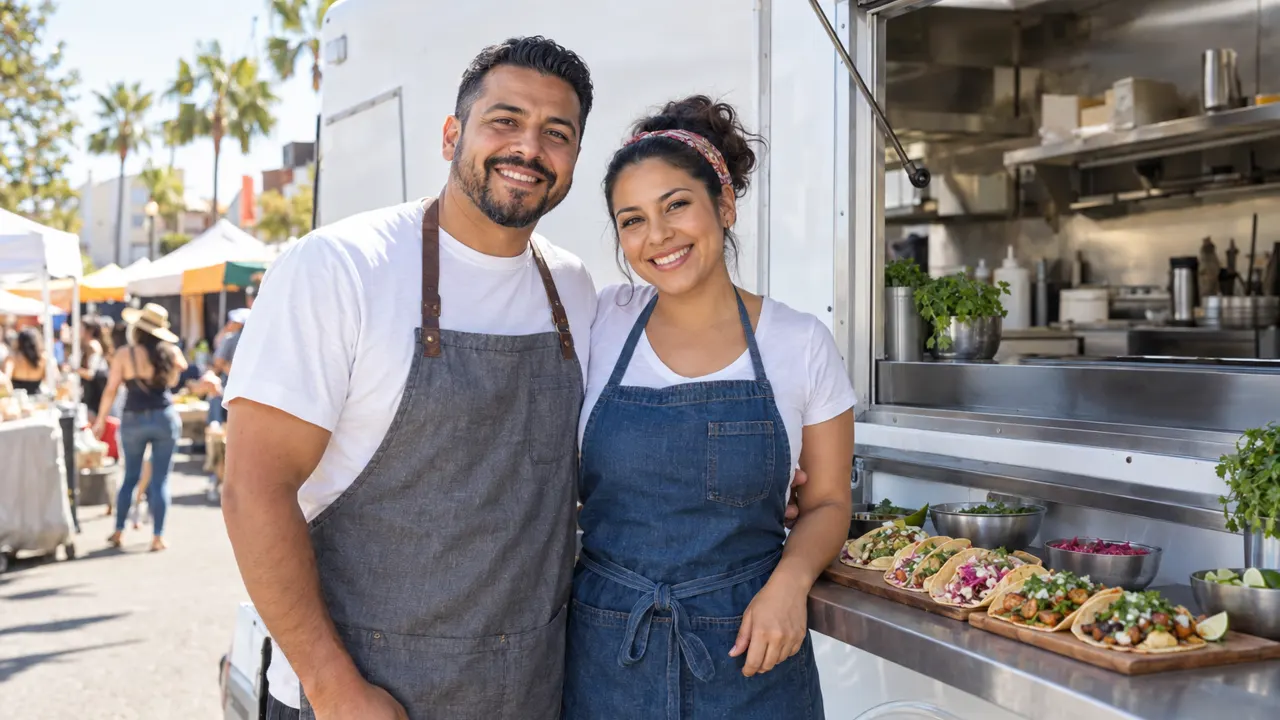 A smiling couple standing in front of their plain food truck at a sunny street market, colorful tacos on the counter