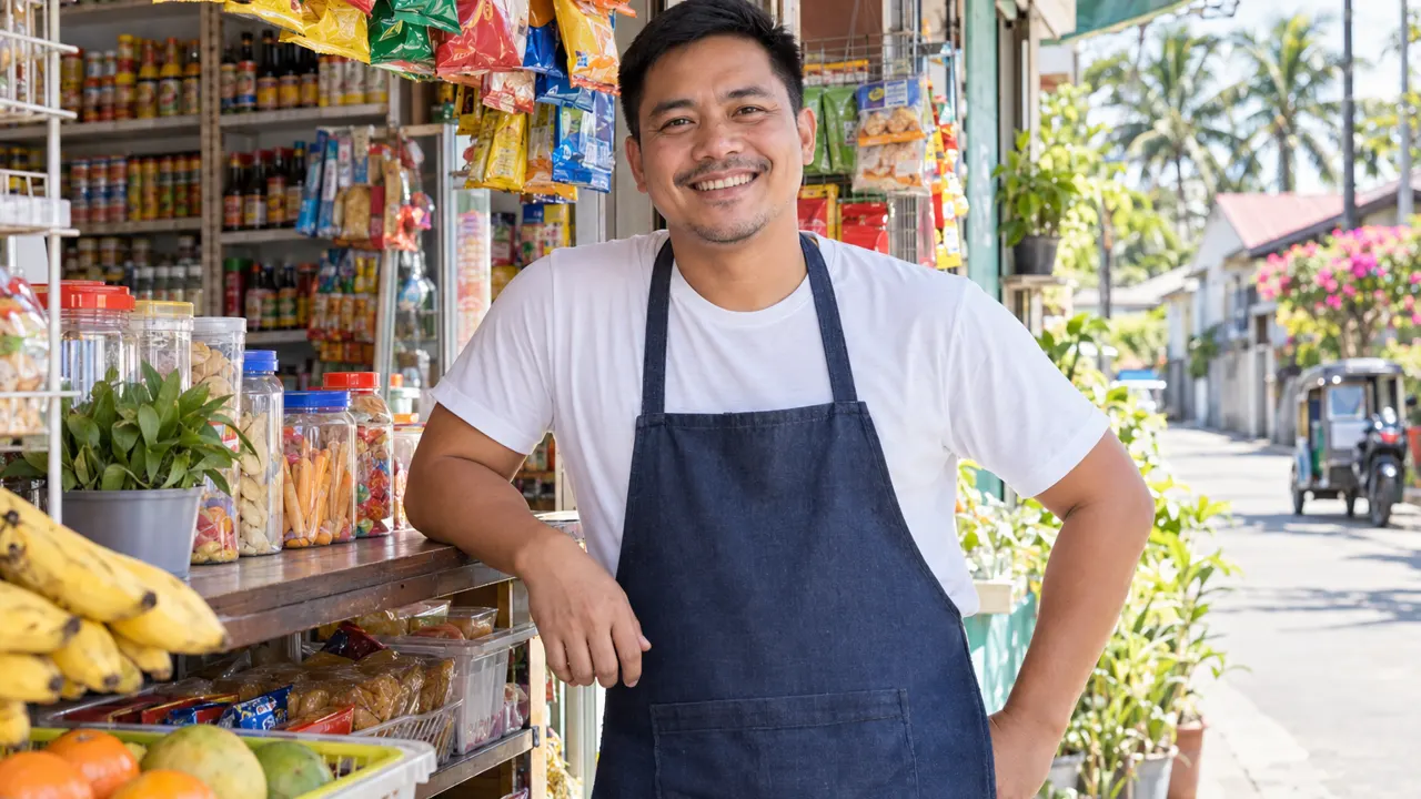 A smiling man at his bright neighborhood corner shop stocked with colorful snacks, sunny street