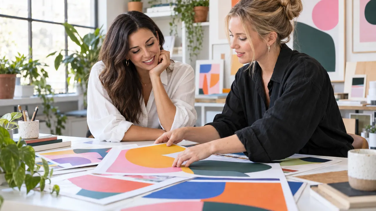 A founder and a graphic designer reviewing colorful printed boards of abstract shapes at a bright studio table