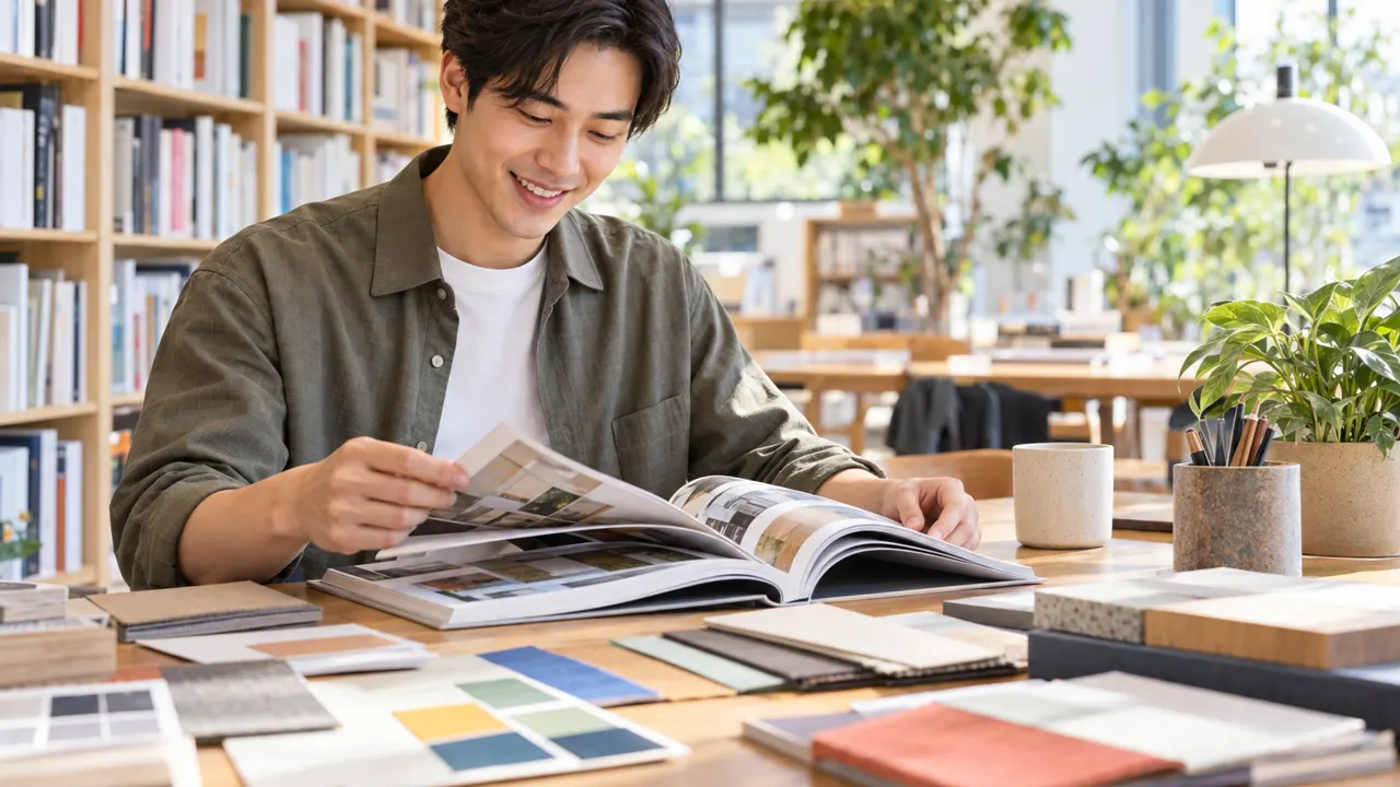 A smiling man reading a design book at a bright library table full of colorful swatches and paper samples