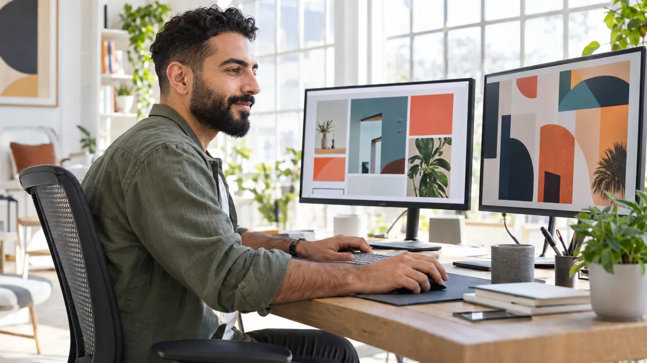 A web designer of descent working at two monitors showing abstract colorful layouts in a bright airy studio