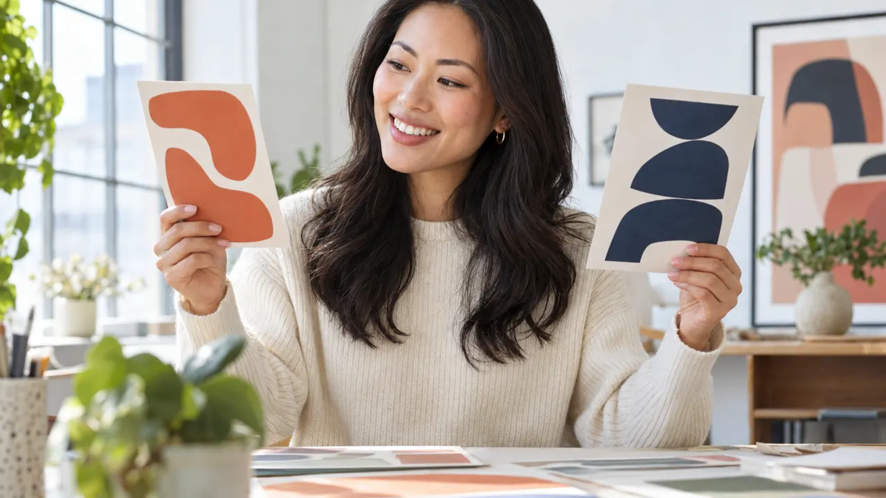A woman comparing two printed cards with bold abstract shapes in a bright studio, delighted expression