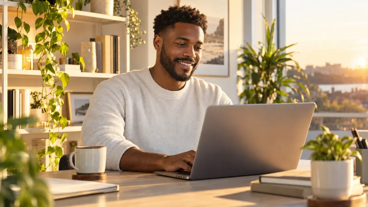 A man working on his laptop at a bright home desk in warm golden evening light, plants on the shelf, relaxed smile