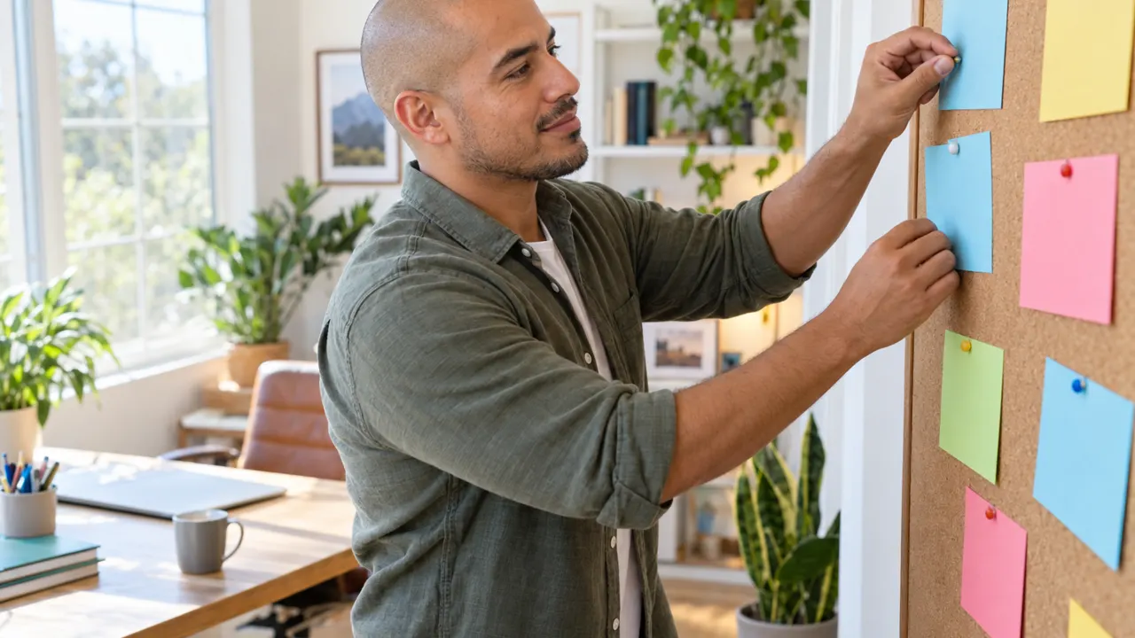 A man pinning blank colored index cards to a cork board in a bright home office