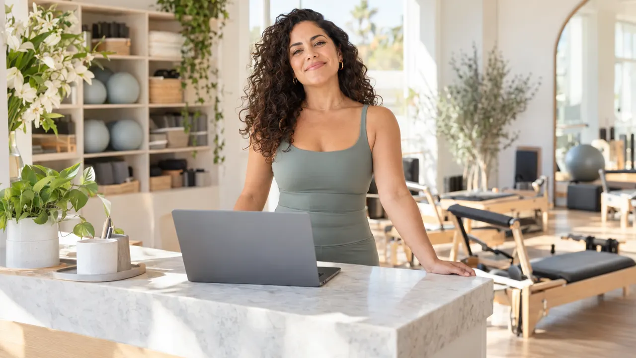 A confident woman, owner of a bright pilates studio, standing at the reception desk with a laptop, morning sun