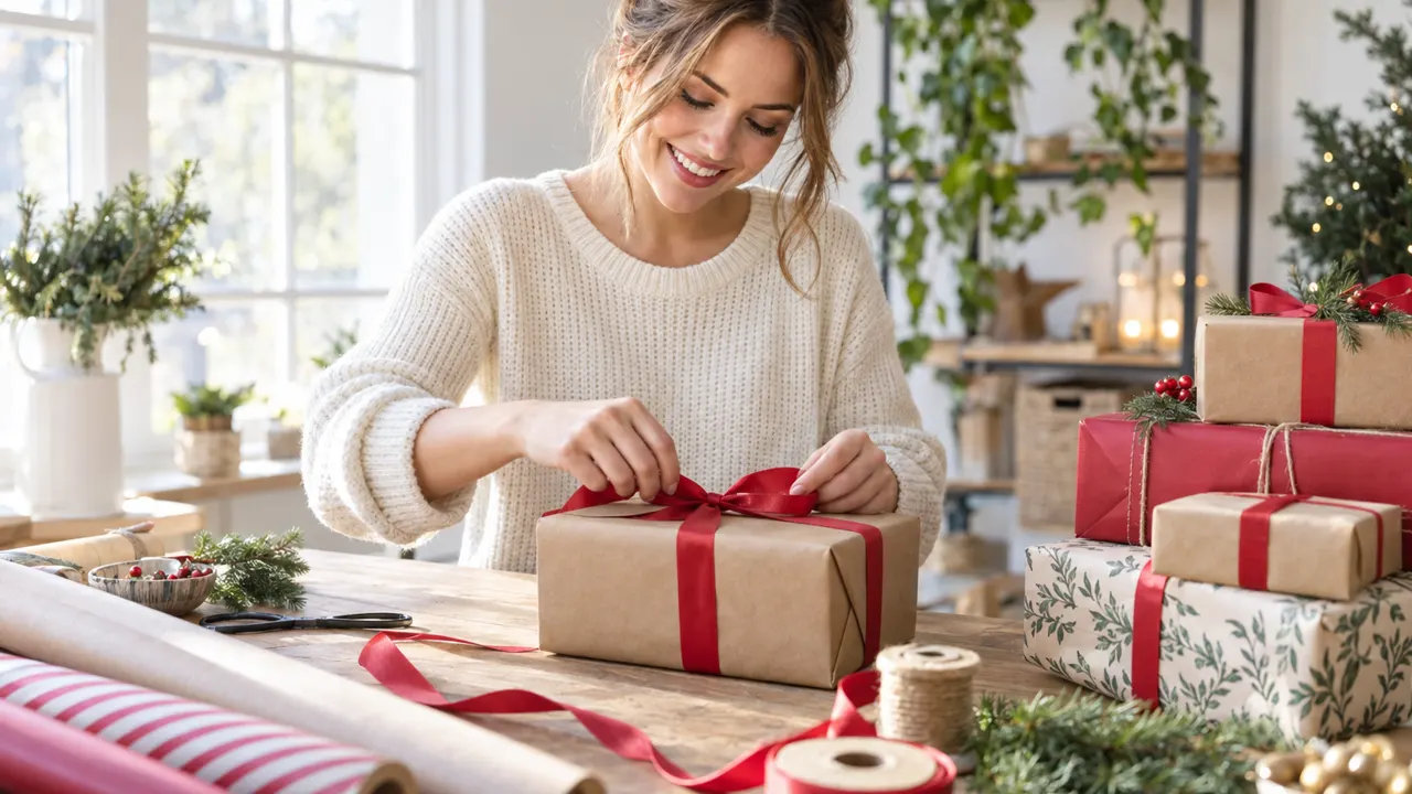 A smiling woman wraps gifts for a client at a bright table, a stack of finished presents beside her