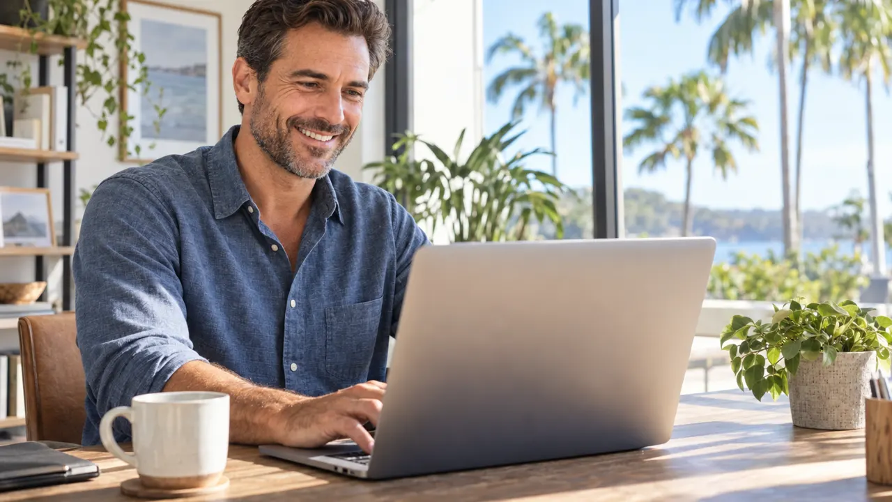 A new business owner works on a laptop at a bright desk by a window with palm trees outside
