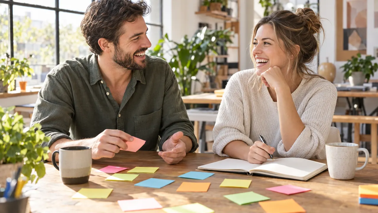 Two business partners laugh while brainstorming ideas on blank sticky notes at a bright table