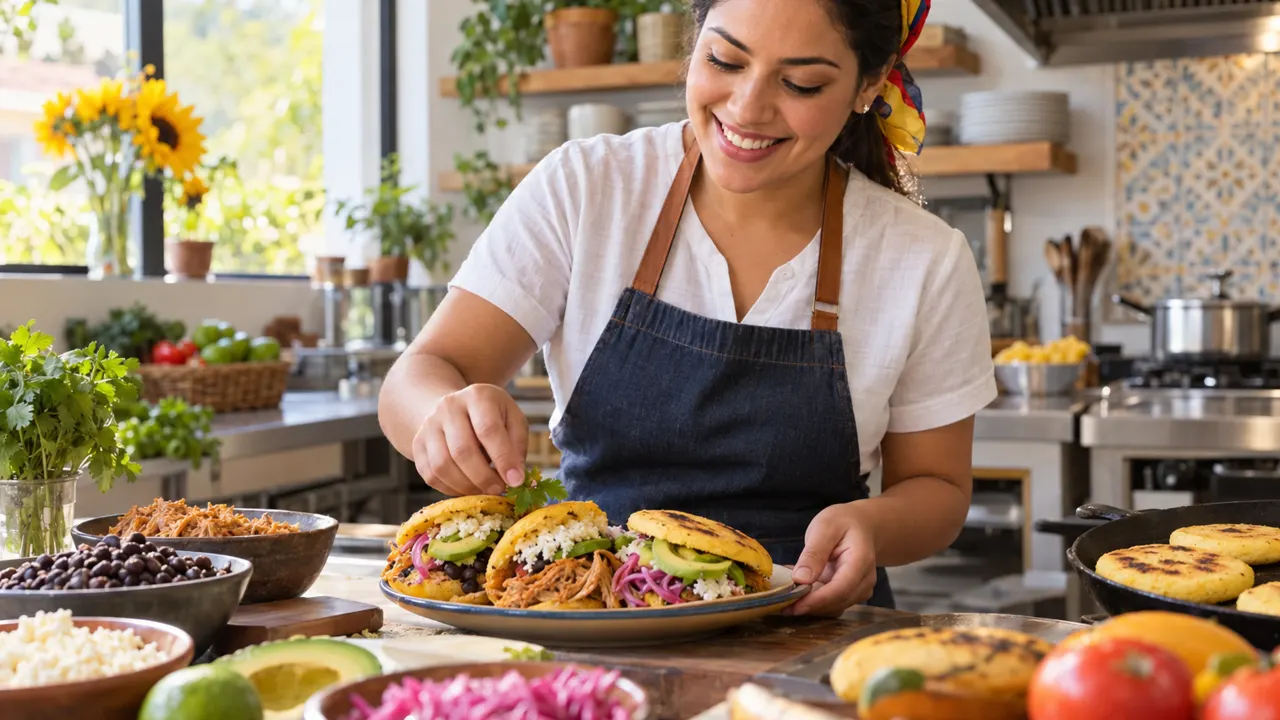 Una cocinera alegre sirve arepas de colores en la cocina luminosa de su pequeño restaurante