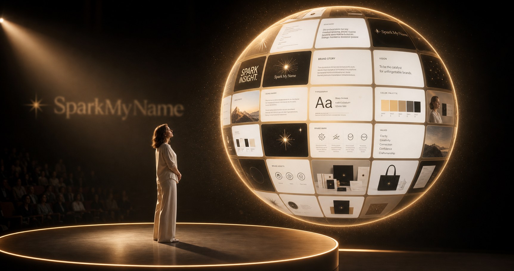 The SparkMyName&trade; Brand Intelligence System &mdash; a glowing sphere of brand boards revealed on a stage