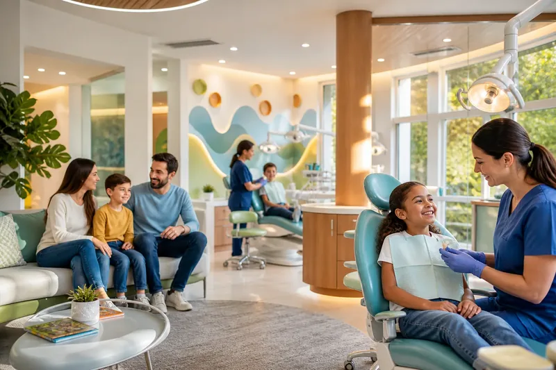 Cornerstone Family Dental &mdash; a family relaxing in a bright, friendly dental office while a hygienist greets a young patient