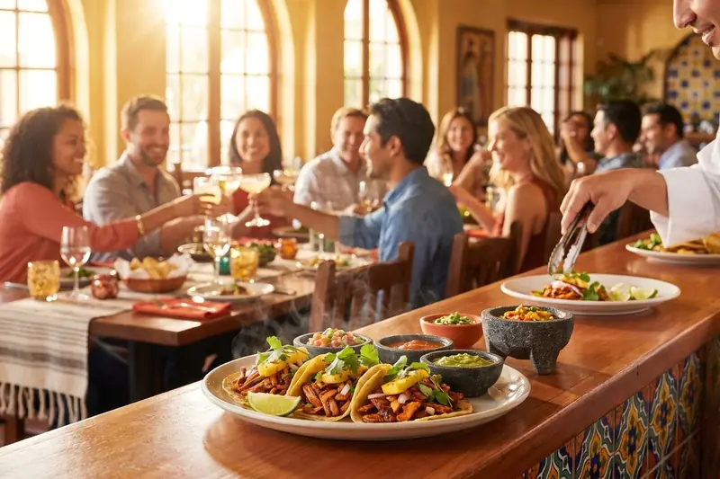 Molcajete Kitchen &mdash; friends toasting at a long table while the chef serves tacos and salsas from a stone molcajete