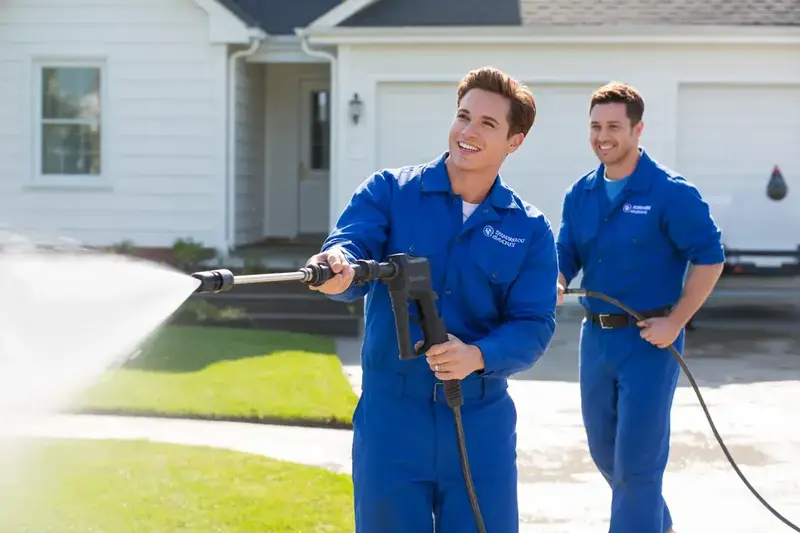 JetForce Clean &mdash; two smiling pros in blue pressure-washing a bright driveway