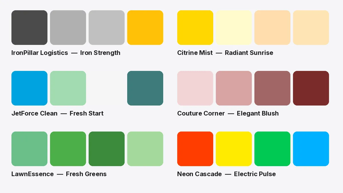 Six real sets of brand colors delivered by Spark, each with its name: Iron Strength, Radiant Sunrise, Fresh Start, Elegant Blush, Fresh Greens and Electric Pulse