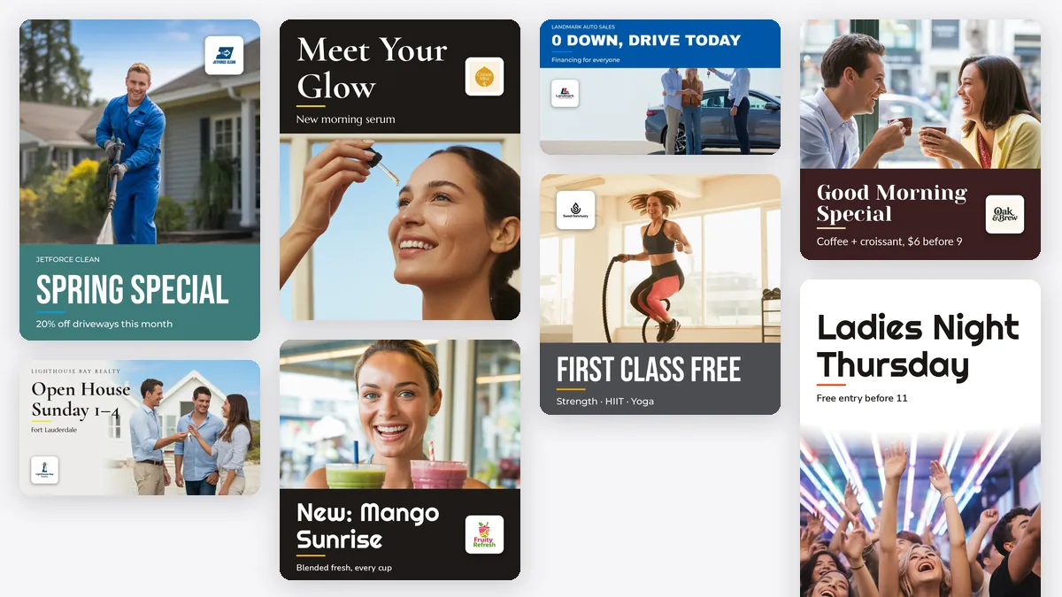 Eight real Art Department pieces: a spring special flyer, a serum ad, a car-sale banner, a coffee post, a fitness post, a nightclub story, a smoothie post and an open-house banner