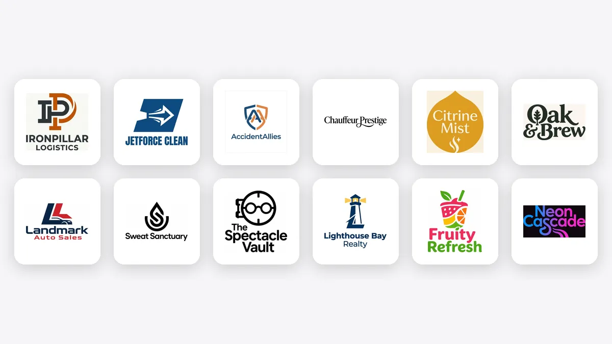 Twelve real logos delivered by Spark across trucking, cleaning, law, chauffeur, skincare, coffee, cars, fitness, eyewear, real estate, smoothies and nightlife