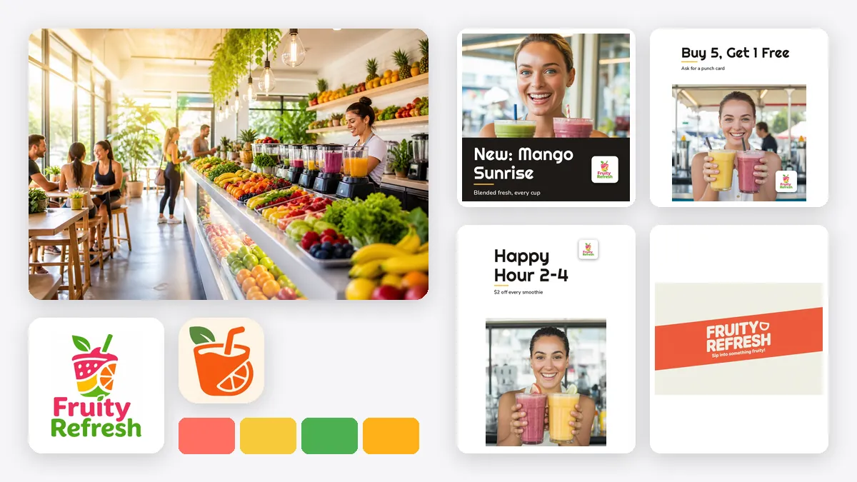 One complete brand, Fruity Refresh: the photo, logo, app icon, colors and four art-department pieces