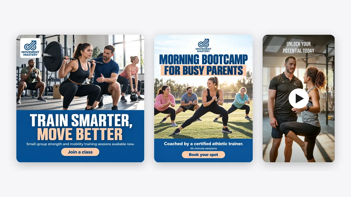 Launch pieces Spark made for Movement Mastery: a social post, a flyer and a 15-second video
